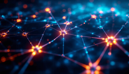 Interconnected network of glowing nodes and lines in blue and orange