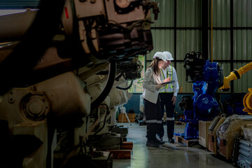 team engineers inspecting on machine with smart tablet. Worker works at heavy machine robot arm. The welding machine with a remote system in an industrial factory. Artificial intelligence concept.