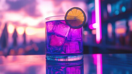 Luxury beach cocktail at sunset purple drink relaxing vibe