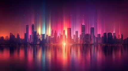 Fototapeta premium Vibrant City Skyline at Night with Dazzling Colorful Lights Reflecting on Calm Water Creating a Stunning Urban Scene Filled with Energy and Life in a Modern Metropolitan Environment