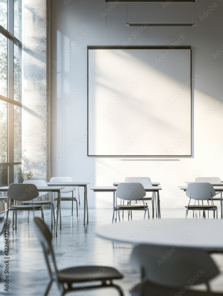 Poster empty modern classroom with large blank whiteboard and sunlight streaming through window.