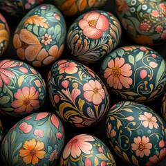 Close-up of hand-painted Easter eggs with intricate floral designs. Perfect for holiday promotions, DIY projects, or artistic craft content.