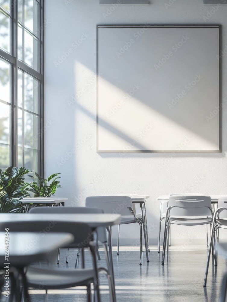 Poster sunlit modern classroom with empty whiteboard and tables.