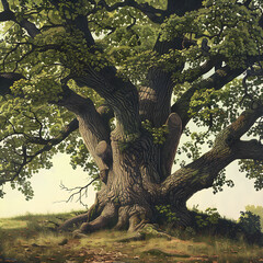 Majestic Oak Tree Illustration Captured at the Peak of Grandeur Encompassing Strength and Resilience Amidst a Serene Environment.