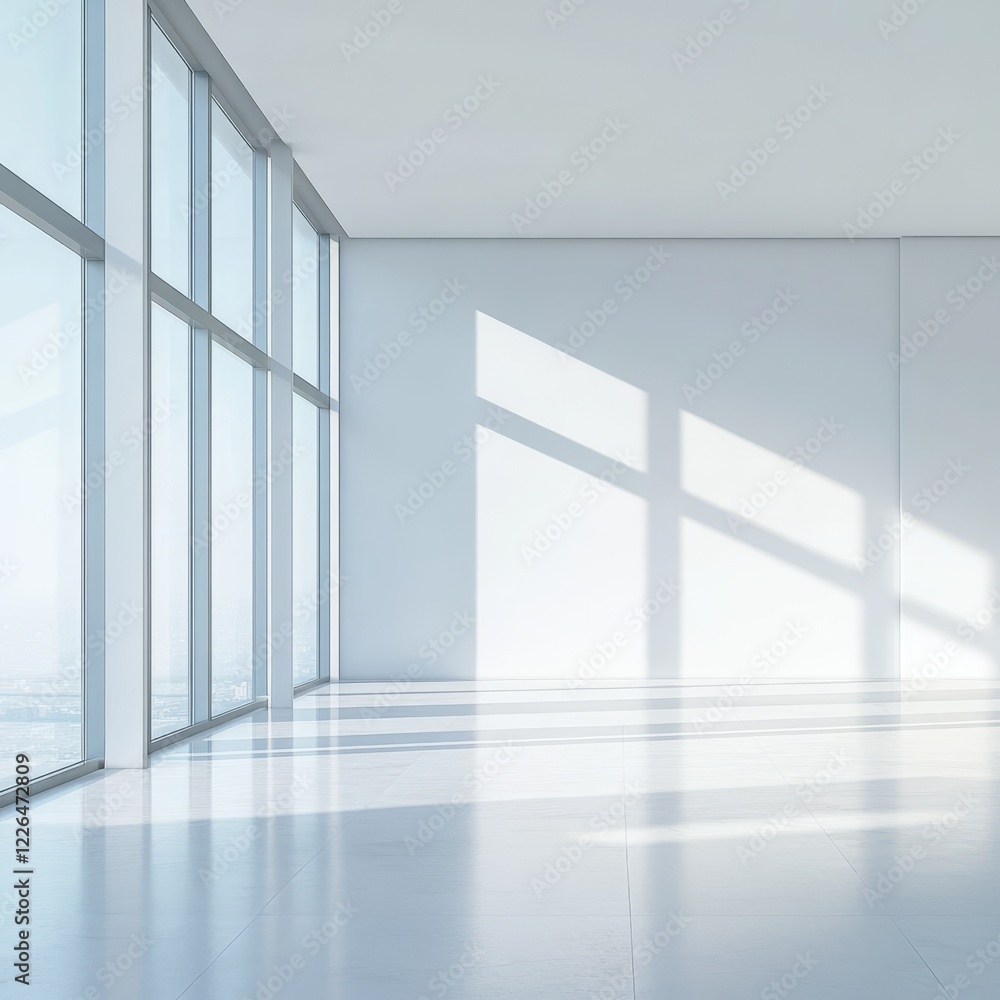Poster sunlight streams into a minimalist, empty white room with large windows and polished floor.