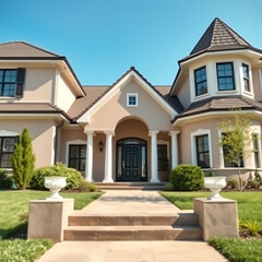 Luxury House Exterior: Modern Home Design with Columns and Landscaping