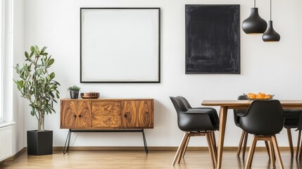 Modern Dining Room with Wooden Table and Black Chairs