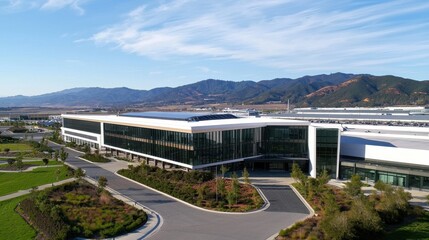 Obraz premium clean energy solar management, concept Modern building with landscaped surroundings and mountains in the background under a clear blue sky.