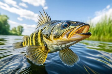 Fototapeta premium Lively Freshwater Fish Swimming in Clear River Water Under Blue Sky