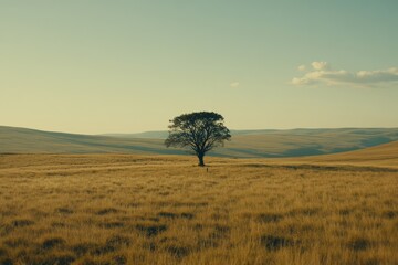 Lonely Tree in Expansive Field Under Soft Sunset Light