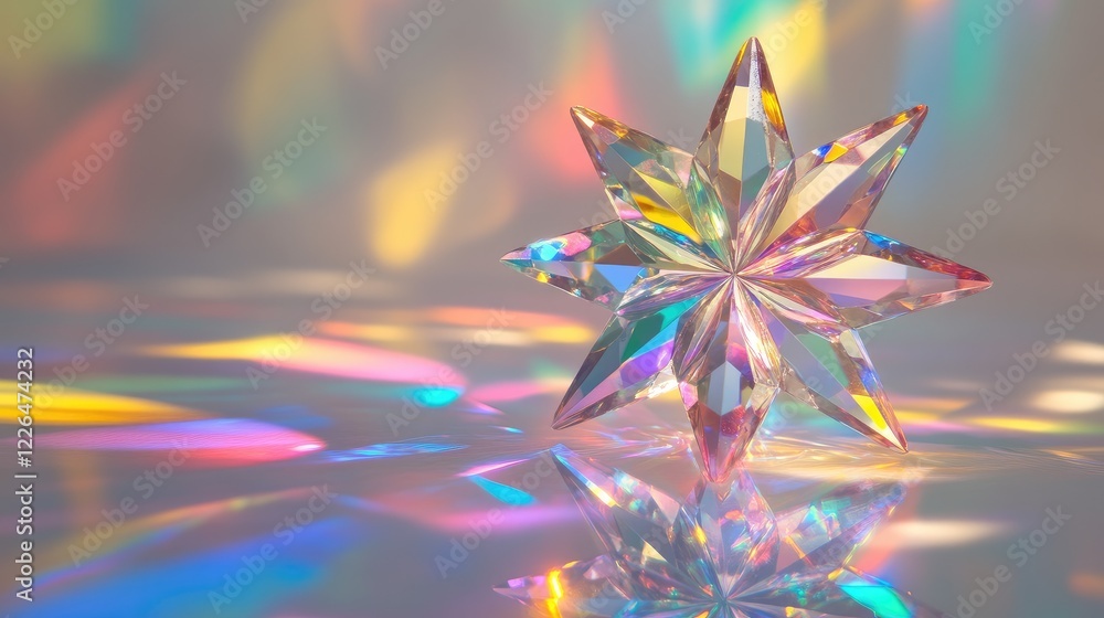 Aufkleber a close-up of a crystal star resting on a reflective surface, casting colorful light patterns.
