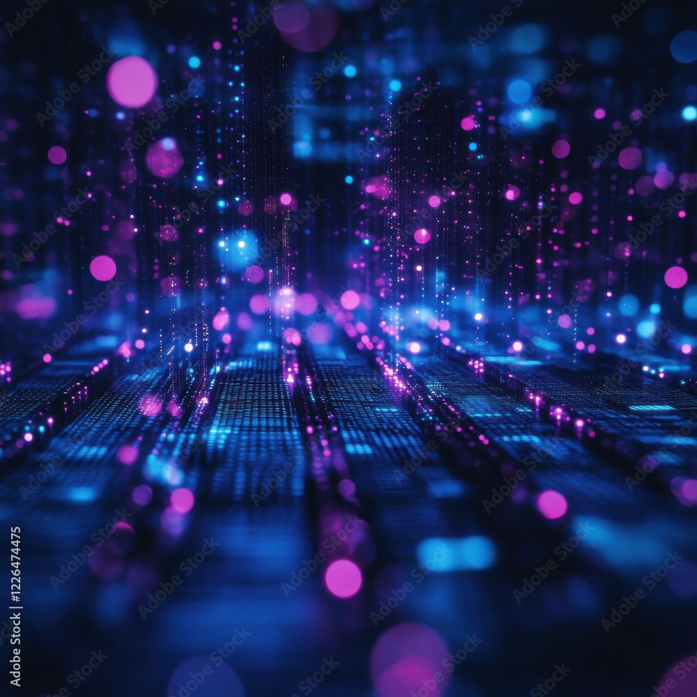 Poster abstract digital data stream: neon lights and matrix code