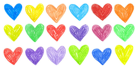 Big collection of different multicolored hearts. Doodle drawing by hand with colored pencils, crayon. Sketch. Valentine's day design elements.
