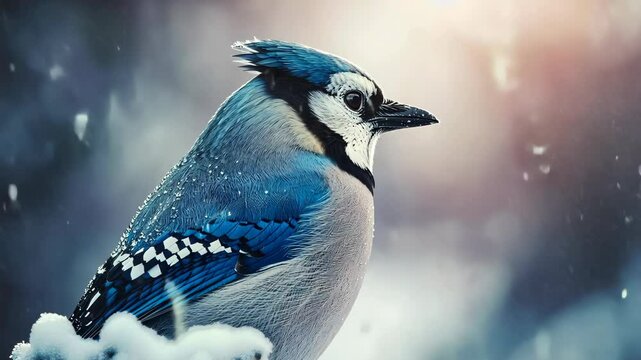 Blue jay perched on a snowy branch during a winter sunset in a serene natural setting