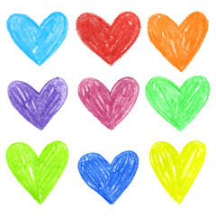 Fototapeta premium Collection of different colorful hearts. Doodle drawing by hand with colored pencils, crayon. Sketch. Valentine's day design elements.