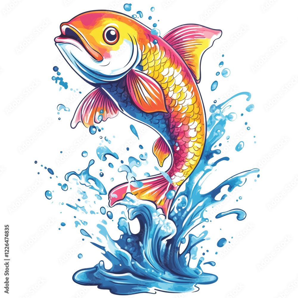 Poster a stylized illustration depicts a brightly colored fish dynamically jumping through a burst of blue 