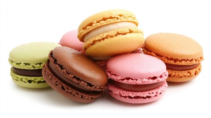 A colorful arrangement of macarons on a white background with pastel tones.