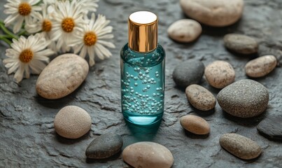 Teal Golden Micellar Bottle on Brown Stones, Tonic Serum Skin Care Template, Elegant Beauty Product Mockup, Spa-Like Setting, Generative AI