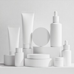 Minimalist mockup of white cosmetic containers on geometric platforms.