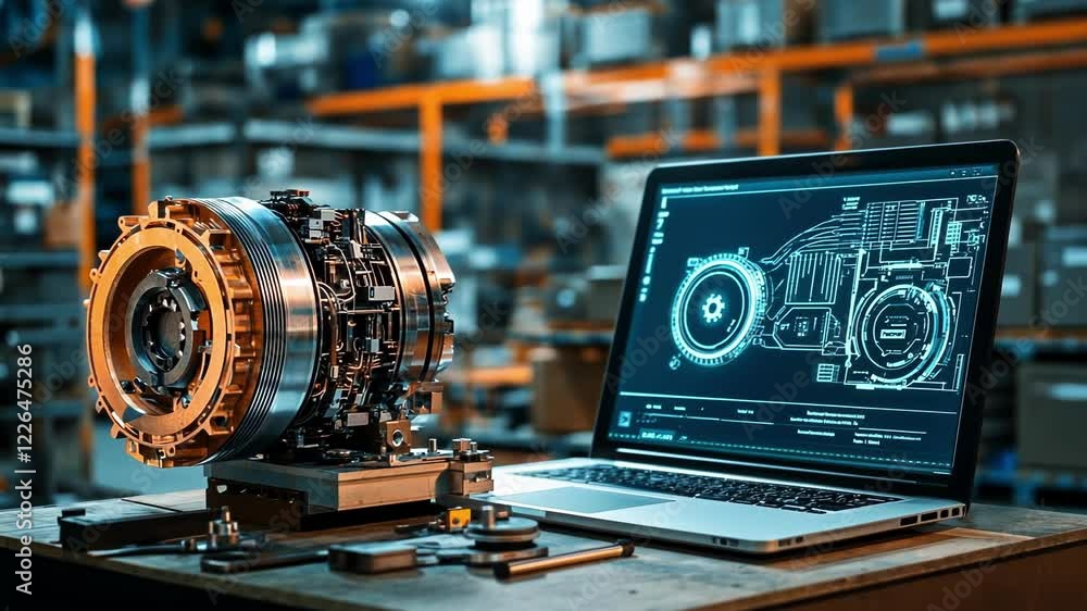 Poster laptop displaying futuristic gearbox blueprint next to physical prototype in modern factory setting,