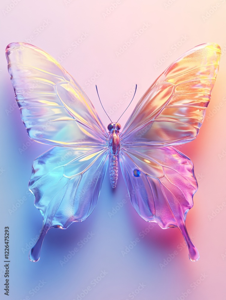 Poster iridescent butterfly with glass texture and vibrant gradient color on soft background