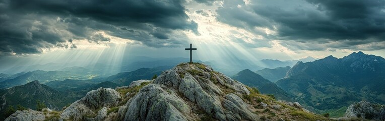 A symbolic cross illuminated by a sunrise, evoking hope and spirituality. Ideal for religious, motivational, and scenic themes.