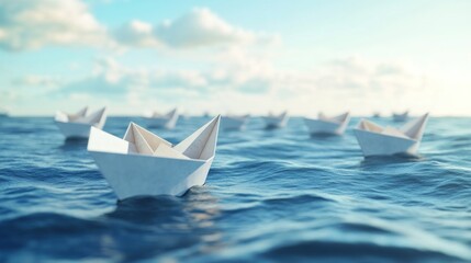 Paper boats sailing on ocean, sunny sky. Teamwork concept