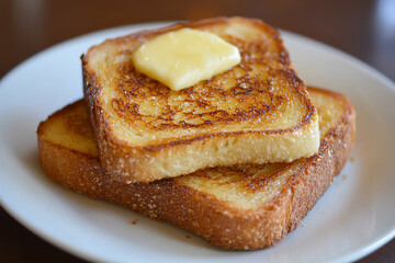 Delicious golden-brown slices of toasted bread topped with melting butter on a white plate