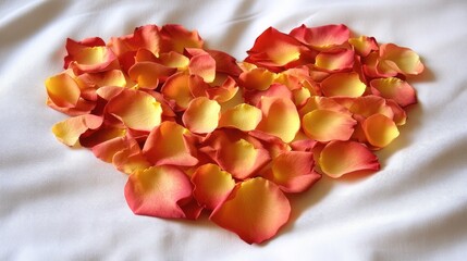 Obraz premium A heart symbol made of fresh rose petals, placed on a white linen background, exuding elegance and affection.