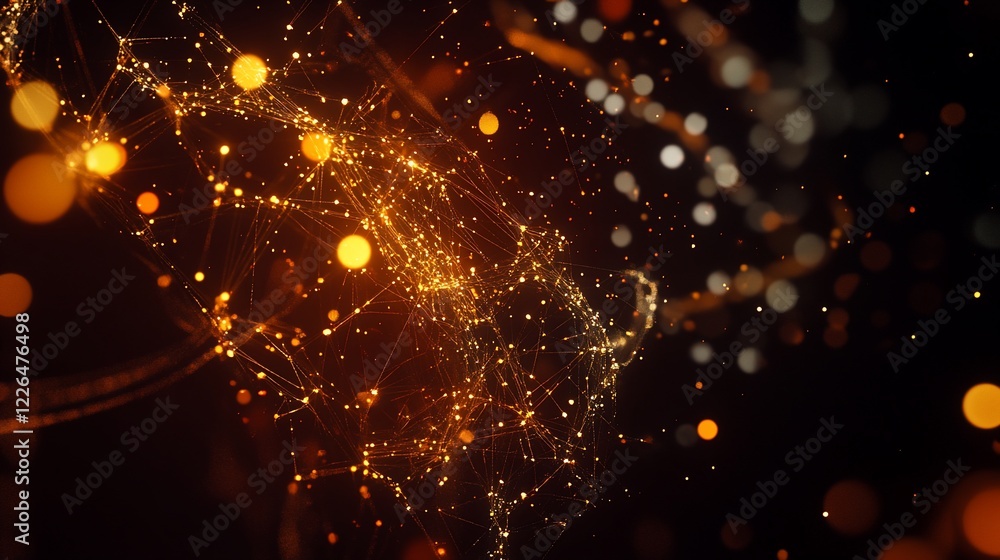 Poster abstract network of interconnected golden dots with a dark background bokeh