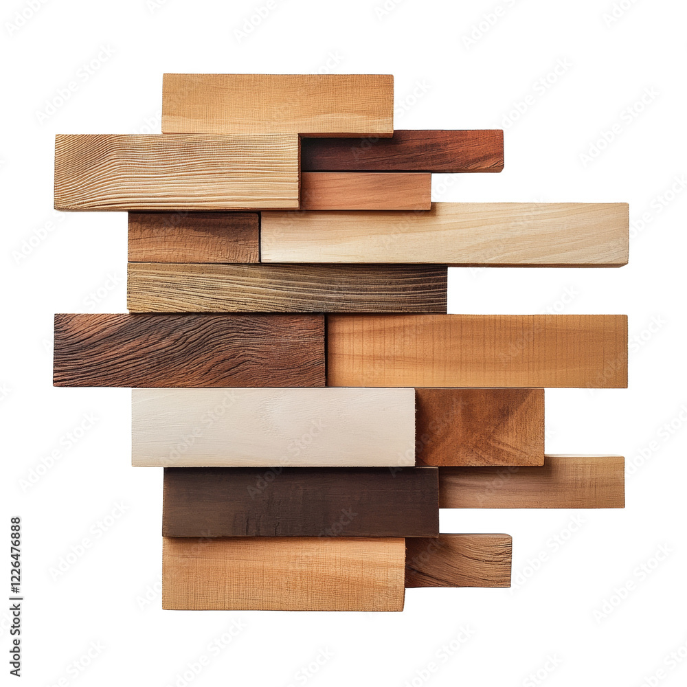 Fototapete The image showcases a collection of various wooden blocks with different grains and colors arranged in an overlapping pattern against a black background.