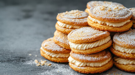 A stack of homemade sandwich cookies with thick vanilla cream filling, golden edges, and finely ground almond dust