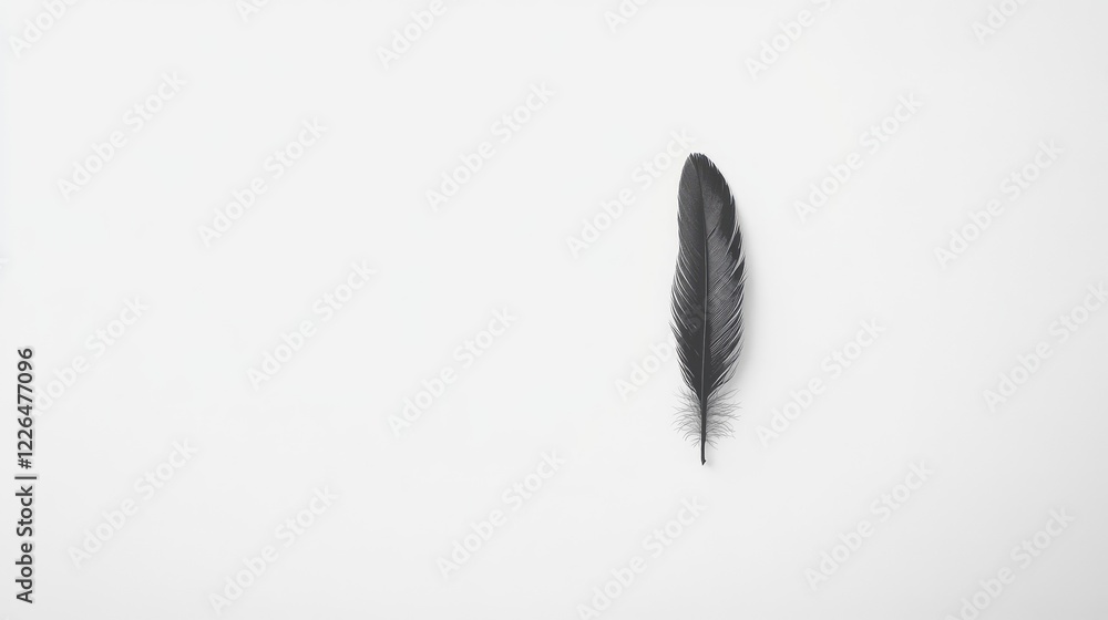 Poster a minimalistic image of a single feather placed delicately on a white background.