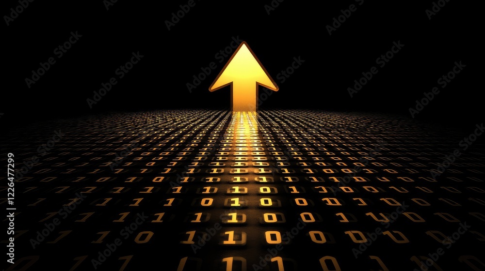 Poster a modern 3d arrow pointing forward, surrounded by digital binary code, symbolizing innovation and te