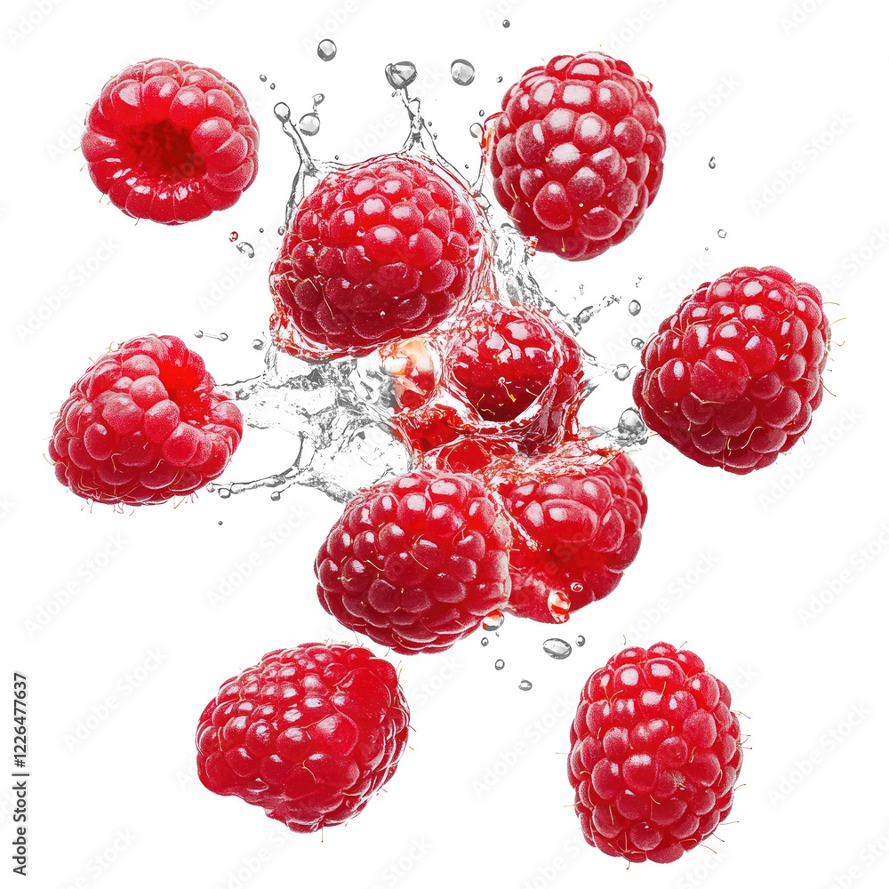 Poster png exploding real raspberries raspberry produce fruit.