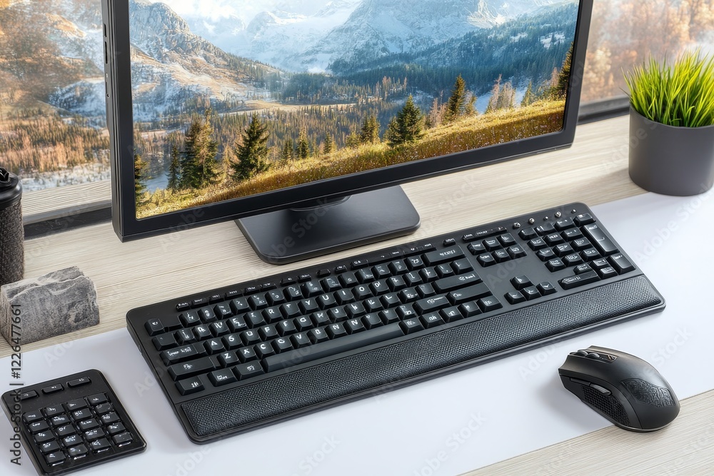 Poster modern desk setup with computer, keyboard, mouse and scenic background