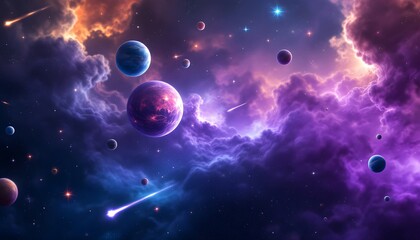 Stunning Purple Nebula Space Scene with Planets and Shooting Stars