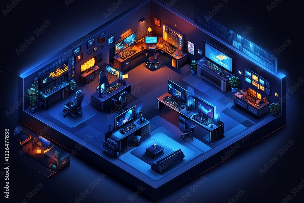Poster modern gaming room with led lights and multiple monitors setup