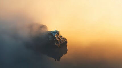 Obraz premium Solitary Figure on Misty Rock Golden Sunrise Landscape Photography