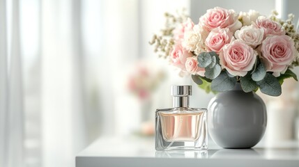 Perfume bottle beside rose bouquet, bright room
