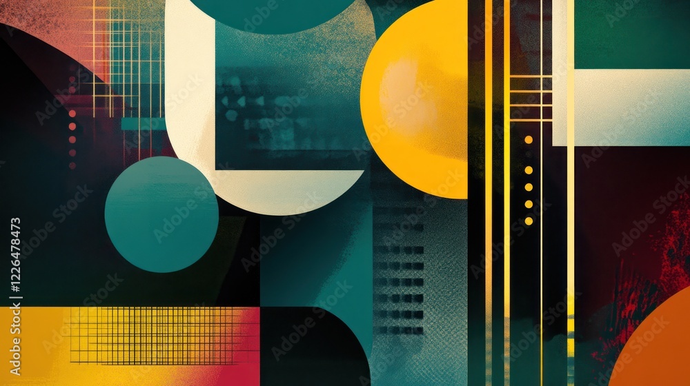 Poster abstract geometric composition with circles, lines and color block textures minimalist design
