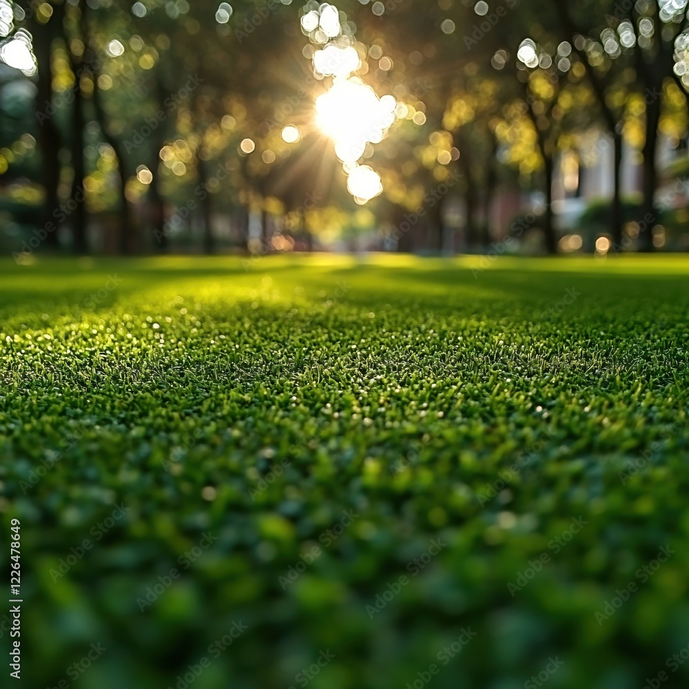 Poster sunburst through trees over green grass field with bokeh effect and low angle view in park