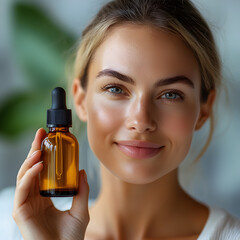 Fototapeta premium Woman holding facial serum bottle beauty skincare product