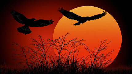 Fototapeta premium Silhouetted birds flying against vibrant sunset background