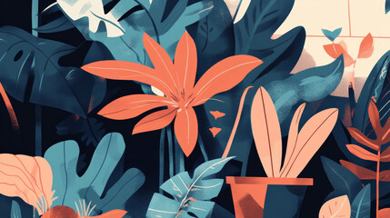 Colorful tropical leaves and flowers in vibrant illustration