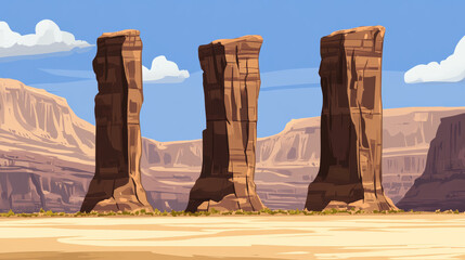 Tall rock formations in desert landscape under blue sky