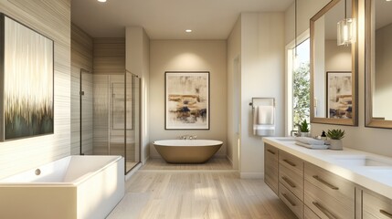 Fototapeta premium Modern Bathroom with Freestanding Tub and Double Vanity