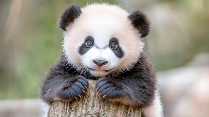 Obraz premium Adorable baby panda cub on tree stump, lush green background, wildlife conservation