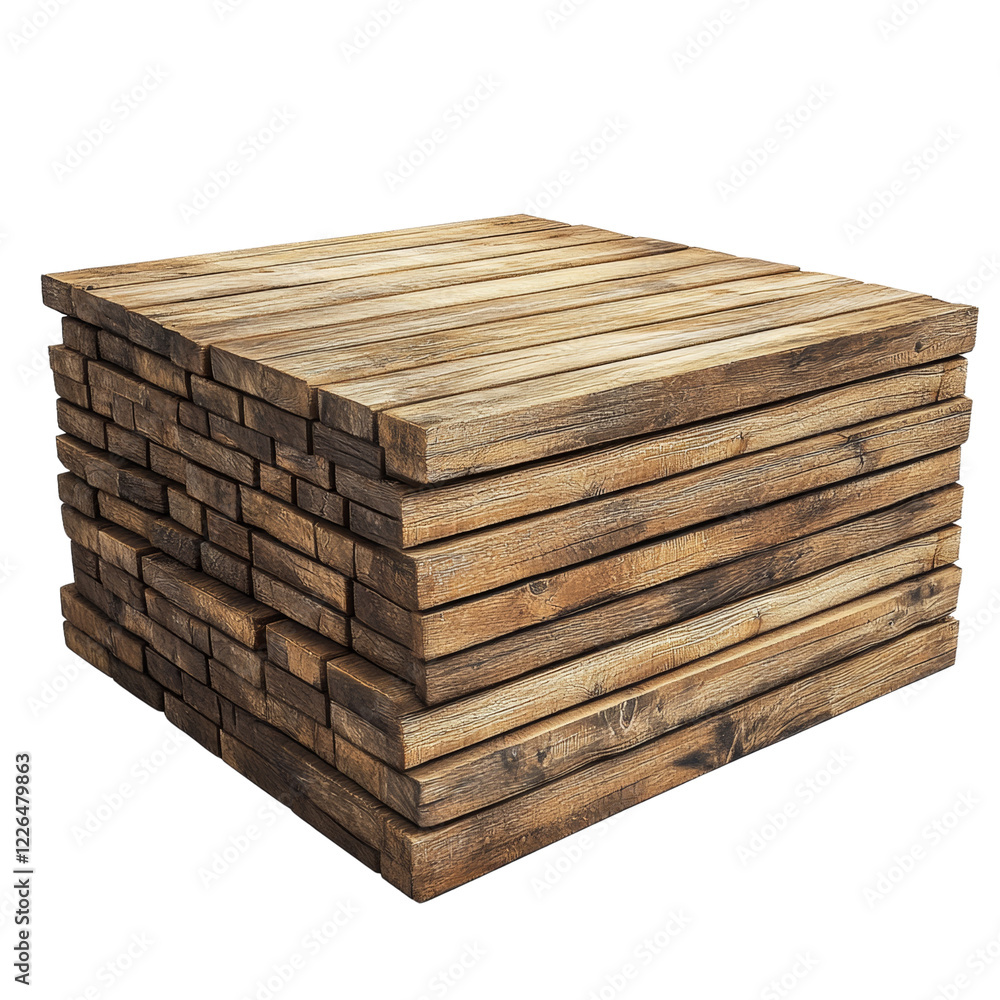 Poster a cubic structure is formed by a precisely stacked arrangement of numerous brown wooden planks.