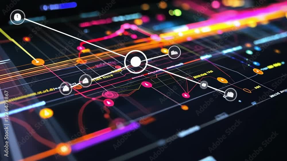 Poster complex manufacturing process visualized on a digital interface, showing interconnected nodes, data 